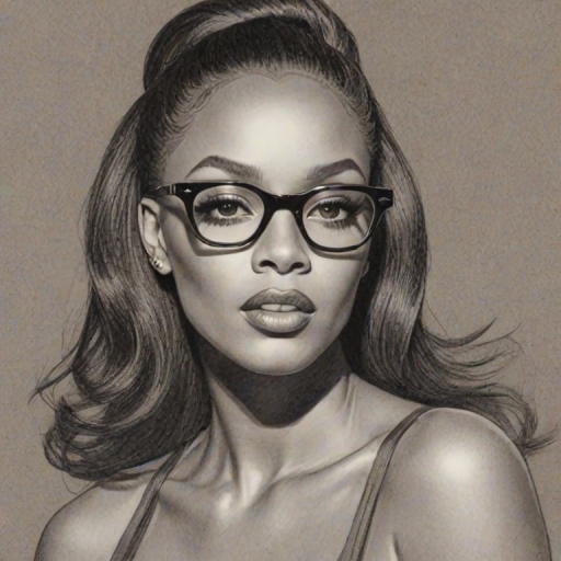 Stunning Dawn Richard, pencil sketch, portrait of Alluring woman 1957s in glasses, hair style beatnik, outline, clear lines, fine lines, 8k