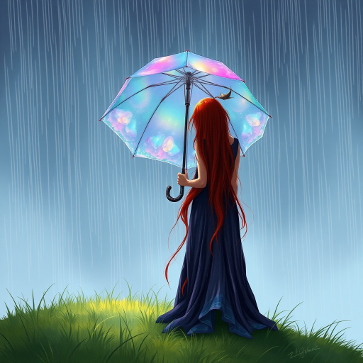 A surreal hand-drawn digital artwork depicting a mysterious red-haired woman standing on a grassy hill under the rain. She holds an umbrella crafted from iridescent zircon, its vibrant sheen contrasting with the soft, rainy atmosphere. The scene feels dreamlike, blending the natural elements of the hill and rain with the otherworldly shimmer of the umbrella.