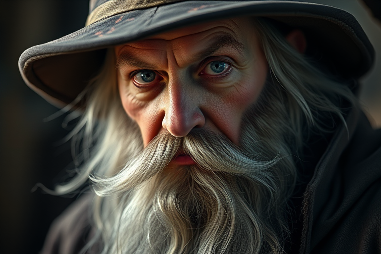 Regenerate the image of a wizard with a long beard and pointed hat, captured in a close-up shot with a 50mm lens, f/1.8 aperture, ISO 200, soft lighting for dramatic effect, in a high-resolution digital art style.