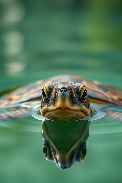 a close-up of a turtle partially submerged in calm water with soft lighting and a blurred background