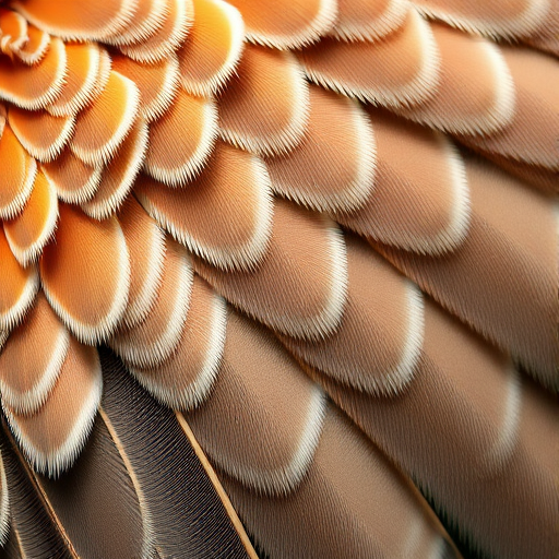 Create a detailed illustration of a wing with intricate feather patterns, shot with a Canon EOS R5 at f/8, ISO 100, 1/200s, in a close-up view, using natural lighting to enhance texture and clarity.