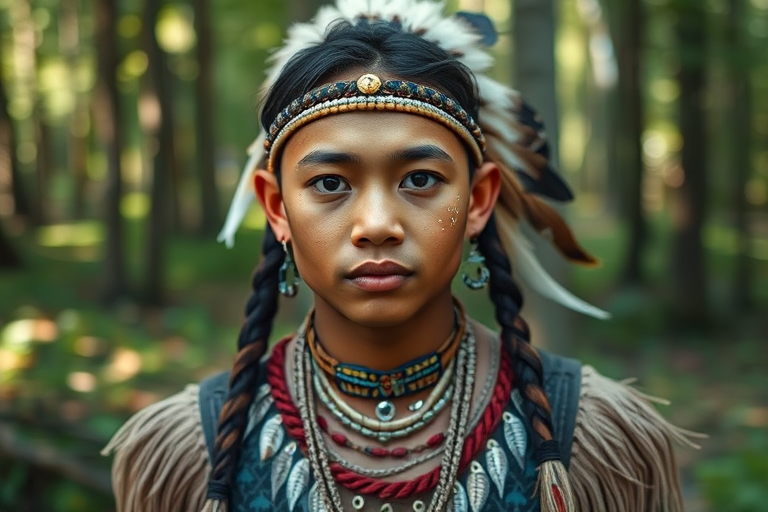 Regenerate an image of a young Native American male wearing traditional attire with feathers and jewelry in a forest setting, captured with a 50mm lens at f/1.8, natural lighting, shallow depth of field, shot from eye level using a DSLR camera.