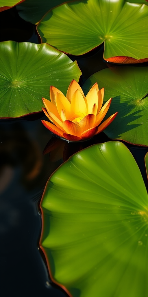 Photograph large water lily pads with vibrant green and orange edges reflected in calm water, using a Canon EOS 5D Mark IV, 50mm f/1.8 lens, aperture f/4, shutter speed 1/200s, ISO 100, natural lighting, macro view.