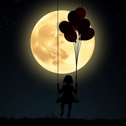 a silhouette of a girl on a swing suspended by balloons against a large glowing full moon, starry night background, taken with a DSLR camera, 50mm lens, f/1.8 aperture, ISO 100, long exposure shot for enhanced illumination, high dynamic range processing
