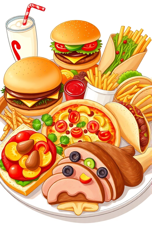 create an illustration of various fast food items including a hamburger, milkshake, pizza with toppings, tacos, french fries, hot dog, sandwich, roast turkey with fruits on a platter, styled with vibrant colors and a white background, shot with a DSLR camera at f/8 aperture, 50mm lens, and natural light to enhance details and clarity