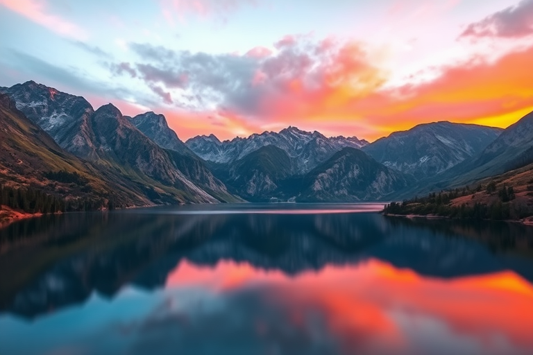 Generate a high-resolution image of a serene landscape featuring a calm lake surrounded by mountains at sunset with vibrant colors; use a Canon EOS 5D Mark IV, aperture f/11, ISO 100, shutter speed 1/200s, focal length 24mm, wide-angle view, and HDR photography style.