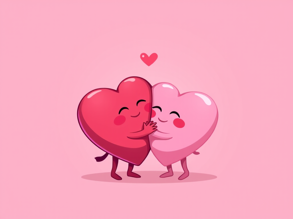 Create a digital illustration of two cartoon hearts embracing, one pink and one dark pink, on a soft pink background, using a Canon EOS R camera with a 50mm lens at f/2.8, 1/125s, ISO 100 for sharp details and vibrant colors.