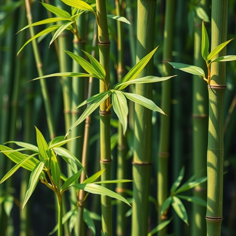 Create a vibrant illustration of bamboo stalks with lush green leaves, focusing on the texture and details of the bamboo, taken with a macro lens at f/2.8, ISO 100, and a shutter speed of 1/200s, in natural daylight to enhance color saturation and clarity.