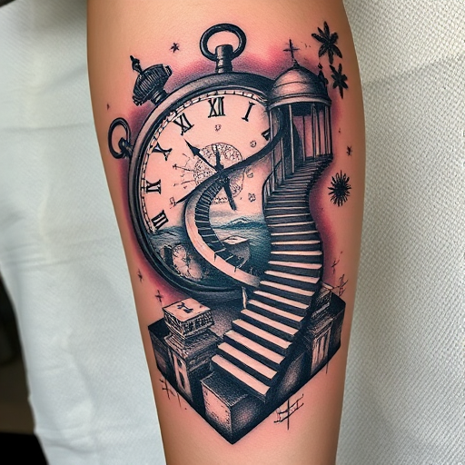 Surrealist tattoo called "Dreamscape Fusion" blending elements of Salvador Dali's melting clocks with M.C. Escher's impossible staircases, creating a mind-bending and thought-provoking design that challenges the viewer's perception of reality, perfect for art enthusiasts and those who enjoy pushing the boundaries of conventional tattoo aesthetics.
