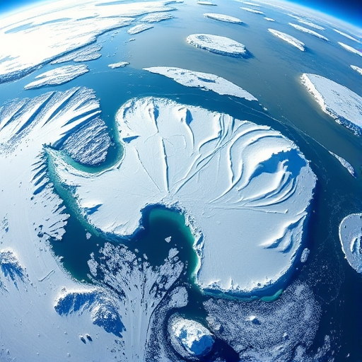 Generate a high-resolution image of Antarctica from a satellite perspective using a DSLR camera with a focal length of 18mm, aperture set to f/8, ISO 100, capturing a clear, detailed view with natural lighting and vibrant colors.