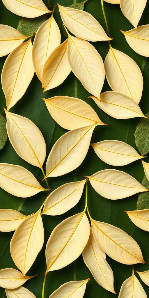 Create a seamless pattern of cream-colored leaves on a dark green background, using a macro lens, f/2.8 aperture, ISO 100, 50mm focal length, shot from a straight-on perspective to enhance leaf detail and texture.