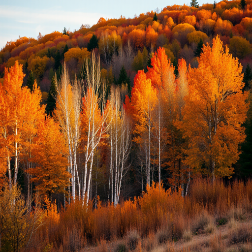 Regenerate an image of a serene autumn landscape with birch and diverse trees in warm orange and yellow hues, captured at golden hour using a DSLR camera with a 50mm lens, aperture set to f/5.6, ISO 100, and a shutter speed of 1/200 sec, slightly elevated viewpoint to encompass more foliage and open sky.