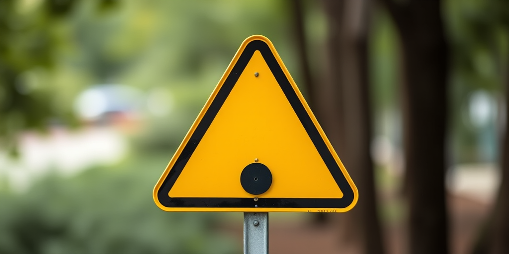 Generate a high-resolution image of a yellow triangular caution sign with a circular dot at the bottom, using a DSLR camera with a 50mm lens, aperture f/2.8, ISO 100, shot from eye level with a soft focus background.