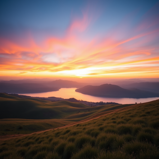 Create a high-quality image of a serene landscape at sunset, featuring rolling hills and a calm lake, with vibrant colors in the sky, taken using a DSLR camera with a 50mm lens at f/2.8, ISO 100, shutter speed 1/100s, in soft focus.