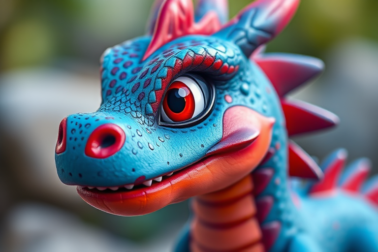 Create a vibrant, high-resolution image of a cartoon dragon with blue and red scales, showcasing its cute facial features, with a soft focus background, shot using a DSLR camera at f/2.8 aperture, 50mm lens, ISO 100, in natural lighting, emphasizing details and textures.