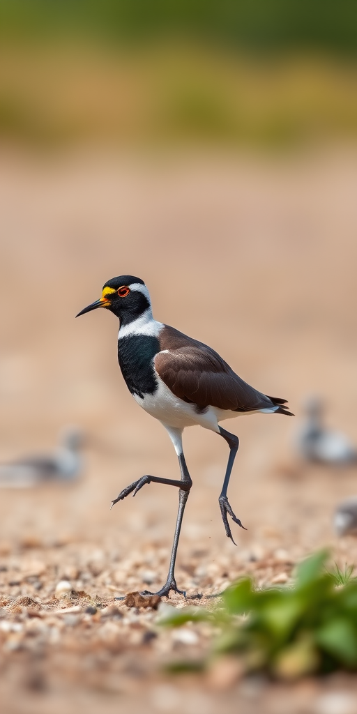 capture a sharp photograph of a Lapwing bird walking on one leg, use a DSLR camera with a 70-200mm lens, aperture f/4, ISO 200, shutter speed 1/1000 sec, natural lighting, shallow depth of field with a blurred background, shoot from a low angle for emphasis on the bird.