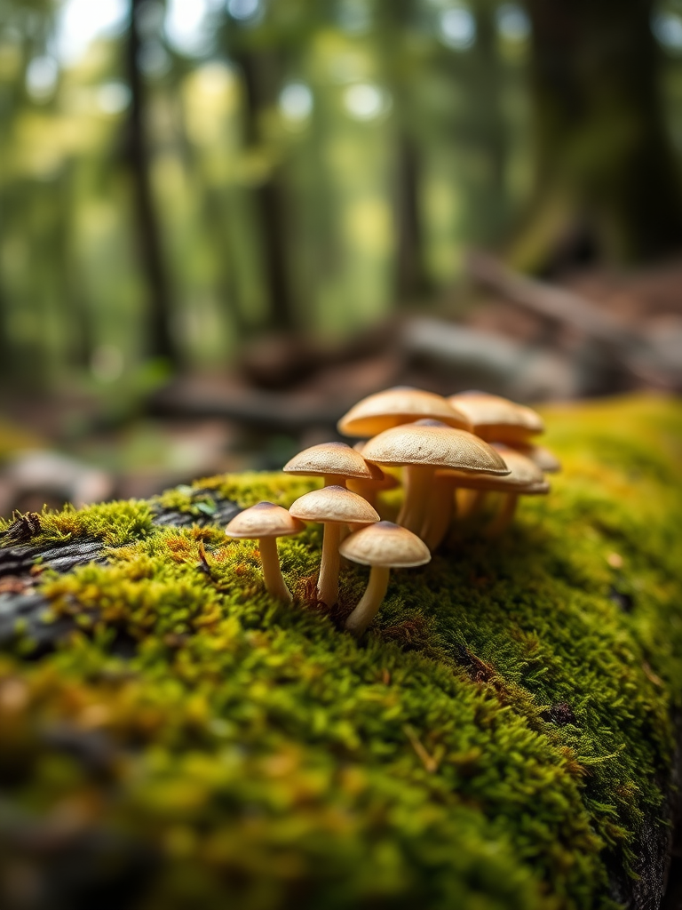 mushrooms growing on moss-covered log in a forest, shallow depth of field, natural lighting, f/2.8, ISO 100, 50mm lens, macro photography, DSLR camera