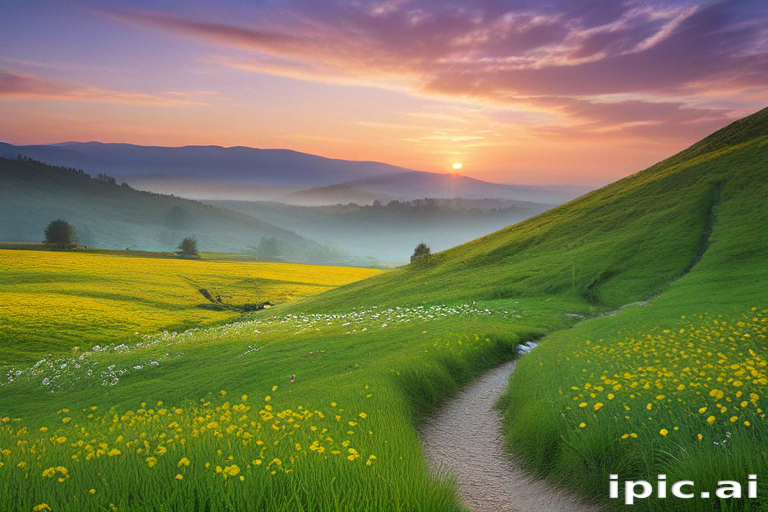 Serene Sunrise Over Lush Green Hills and Vibrant Flower Fields