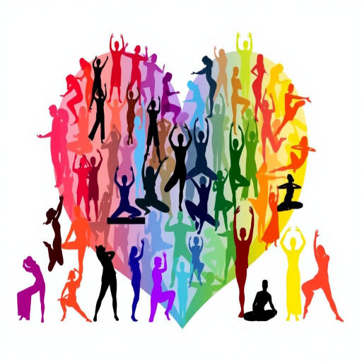 Create a vibrant illustration of a heart shape filled with diverse silhouettes of people in various yoga poses, incorporating a wide range of colors and styles, captured with a DSLR camera, at f/8 aperture, ISO 100, 24mm lens, and a shallow depth of field to enhance the clarity and vibrancy of the colors.
