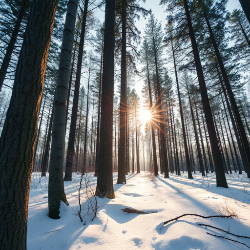 Regenerate a serene winter forest scene with sunlight filtering through tall trees, soft snow covering the ground, close-up view, f/4 aperture, ISO 100, 1/200 second shutter speed, using a DSLR camera with a wide-angle lens.