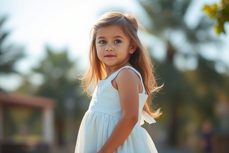 regenerate the image of a young girl in a white dress standing gracefully outdoors with natural light, aperture f/2.8, shutter speed 1/250s, ISO 100, taken from a low angle with a DSLR camera, vibrant colors and soft background blur for depth.