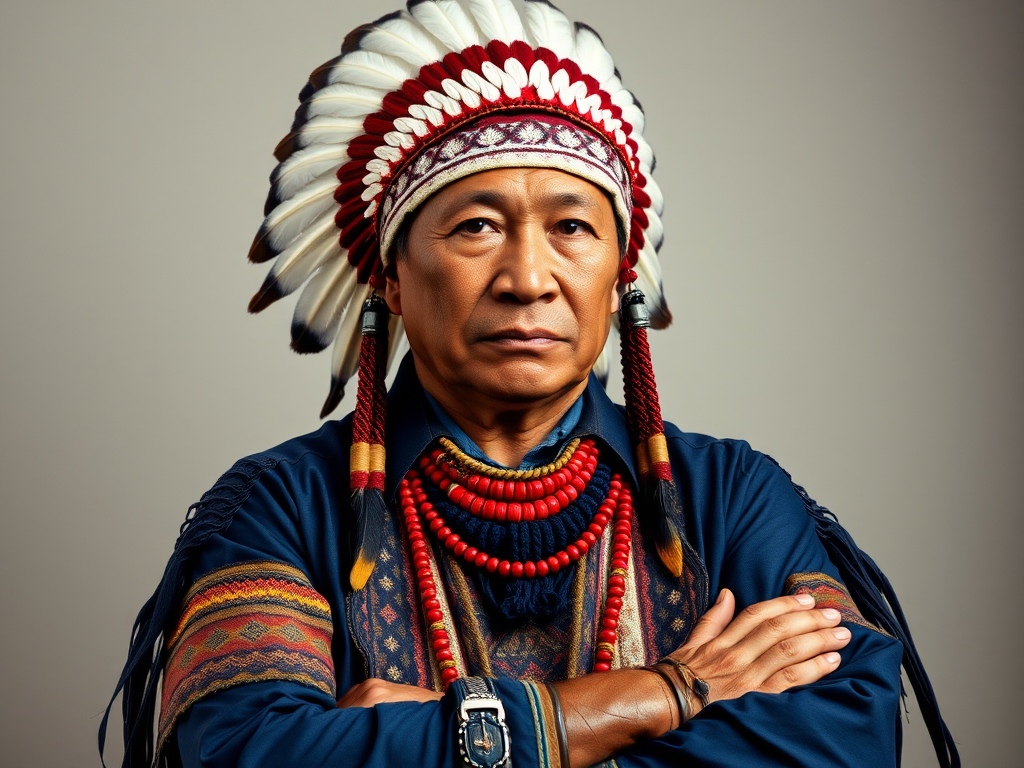 Create a dignified portrait of a Native American man dressed in traditional attire. He wears a beautifully crafted headdress adorned with white feathers and red beads, along with a beaded headband featuring intricate patterns. His clothing includes a deep blue, patterned shirt and a traditional chest piece with detailed beadwork. His arms are crossed, displaying leather armbands decorated with feathers. The background is simple and neutral, emphasizing his proud and stoic expression. The overall image captures the rich cultural heritage and strength of his persona.