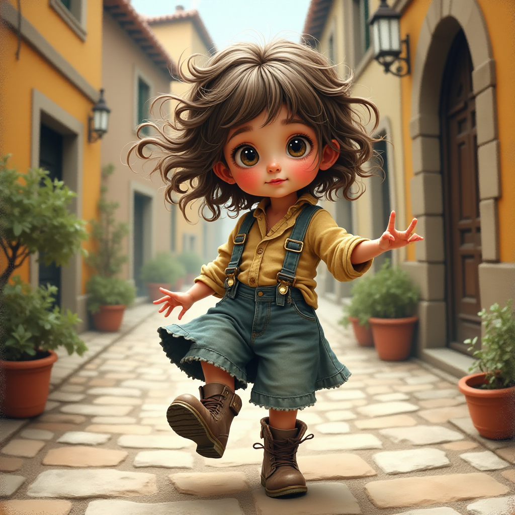 Whimsical little 3-year-old girl wearing scruffy tomboy clothes, boots, messy hair heavily blushed cheeks, pink lips, closely dancing in the street of an Italian village,Textured painterly fantasy artistic mixed media