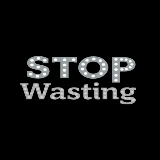 Create a high-resolution image featuring the phrase "Stop Wasting" in bold, stylish typography against a black background, using a Canon EOS R5 with a 50mm f/1.2 lens, aperture set to f/2.8, ISO 100, and shutter speed of 1/100 sec, overhead lighting for even illumination.