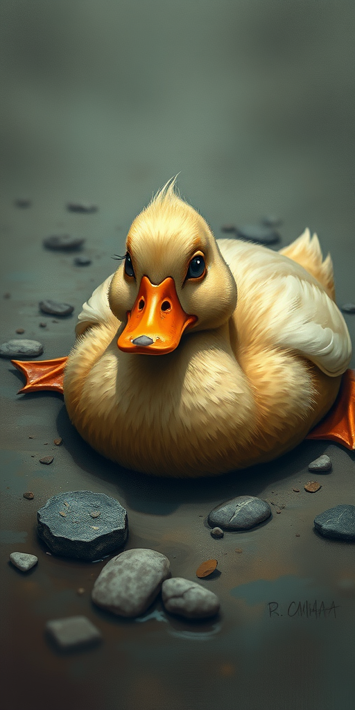 Stunning image of a cute adorable tired looking wacky duck laying flat on the ground, no emotions, moody, grainy, noisy, concept art, by Alberto Seveso, Cyril Rolando, Dan Mumford, Meaningful Visual Art, Detailed Painting, Digital Illustration,