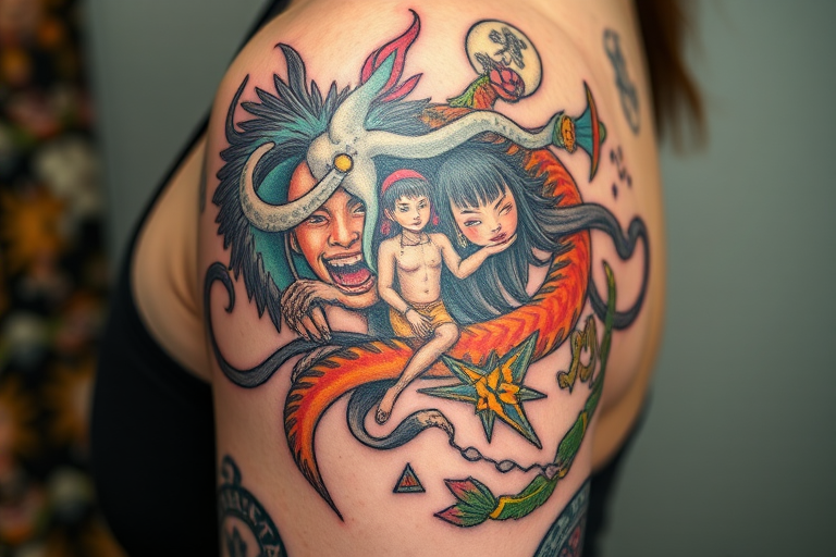 Illustrative tattoo called "Folklore Fusion" combining elements from various cultural myths and legends in a storybook-like style, with soft shading and a mix of color and black ink