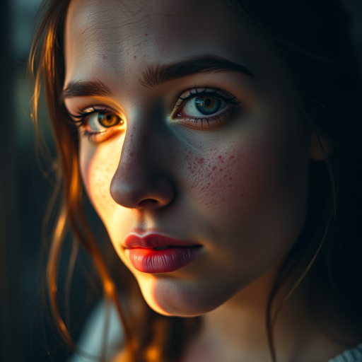 Create a close-up portrait of a young woman with freckles partially illuminated by warm light from a hidden source, capturing intricate skin details and a soft bokeh background, using a Canon EOS R with a 50mm f/1.2 lens at ISO 100, shutter speed 1/200s, aperture f/1.2, in natural light for a moody and cinematic effect.