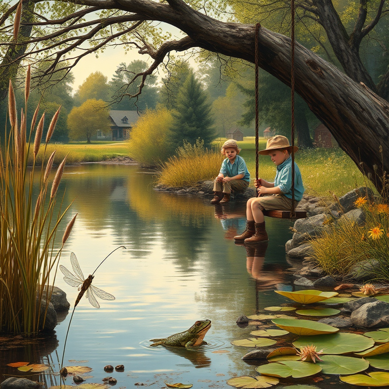 Imagine a small group of old fashioned young boys out fishing by the creek, a swing hanging from a tree branch, reeds and grasses by the water's edge, a frog sitting on a lily pad, dragonflies hovering over som water plans, a very iconic old fashioned scene reminiscent of a Norman Rockwell painting style
