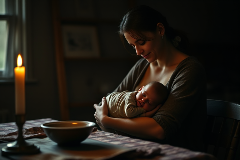 A dimly lit scene of a mother holding a newborn, illuminated softly by a candle, with a rustic table featuring a bowl and dish, captured with a Canon EOS R5, 85mm f/1.2 lens, ISO 100, shutter speed 1/60s, in a soft focus portrait style.