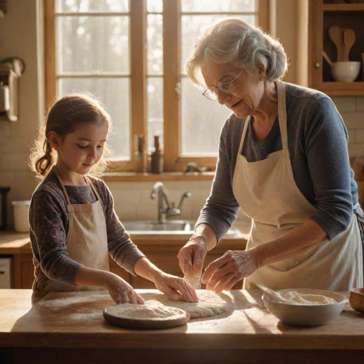 Warm, softly lit image of a grandmother teaching her granddaughter how to bake, flour-covered hands working dough on a wooden countertop, with soft sunlight streaming through a kitchen window.