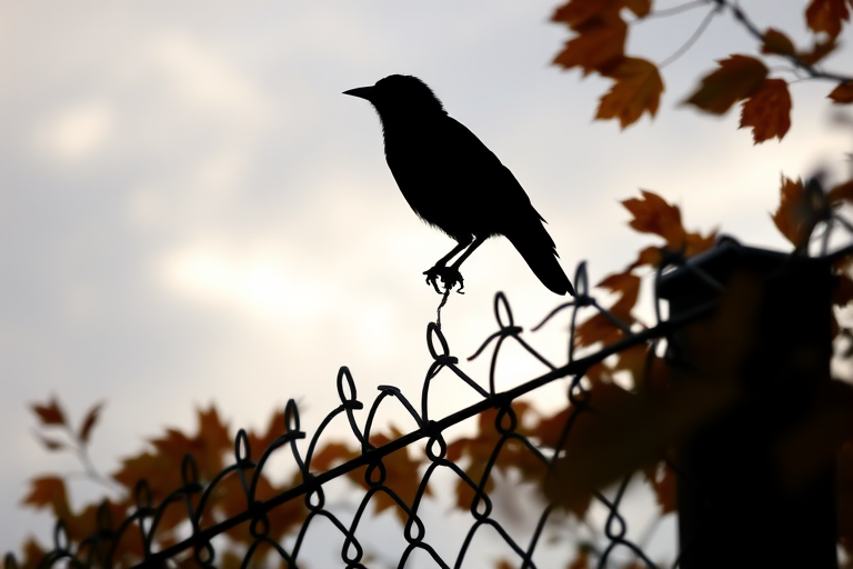 a silhouette of a black bird perched on a chain-link fence surrounded by autumn leaves in warm shades of orange and yellow against a cloudy sky