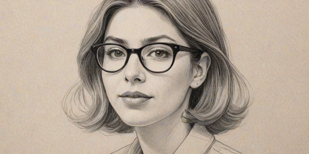 Gorgeous Sofia Coppola, pencil sketch, portrait of Gorgeous woman 1934s in glasses, hair style beatnik, outline, clear lines, fine lines, 8k