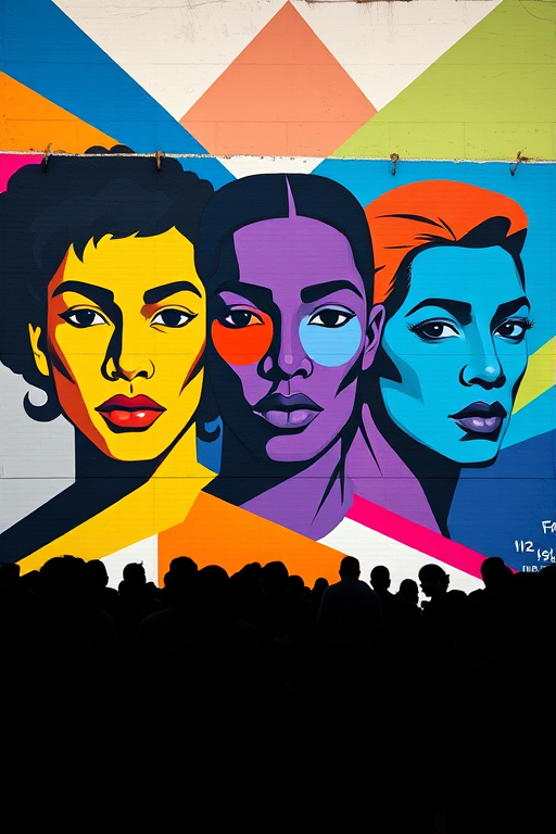 Create a vibrant mural featuring three stylized faces in bold colors against a geometric background with a crowd of people in silhouette at the foreground, captured with a DSLR camera at f/8, ISO 100, 50mm lens, shot from a low angle for a dramatic effect.