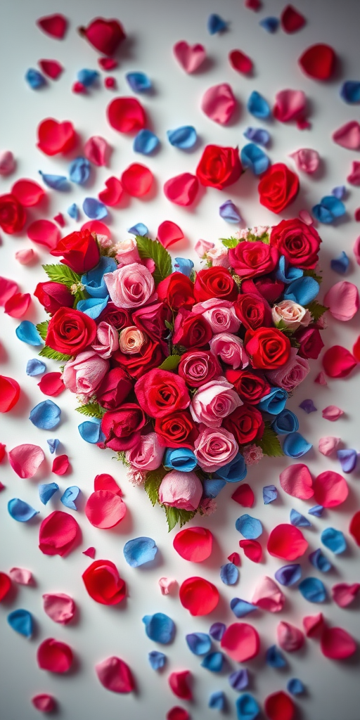 Generate a vibrant floral heart-shaped arrangement with red, pink, and blue roses and petals scattered around, captured with a Canon EOS R5, 50mm lens, f/2.8 aperture, ISO 100, soft diffused lighting, and a shallow depth of field for a dreamy effect.