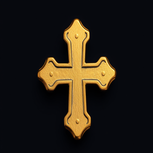 Create a high-resolution image of a gold cross with rounded ends, using a Canon EOS R5 with a 50mm f/1.2 lens, aperture set to f/2.8, ISO 100, and a soft, diffused lighting setup to enhance detail and texture.