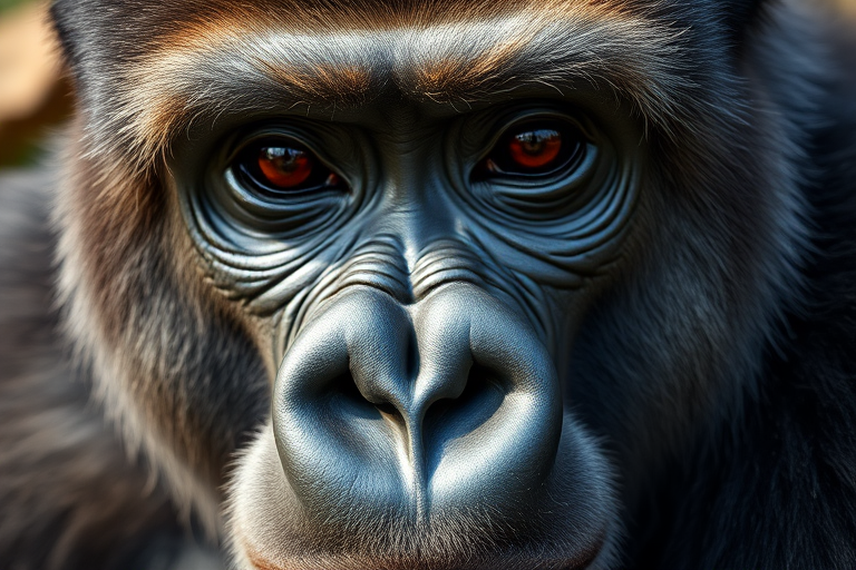 close-up portrait of a gorilla with detailed facial features, sharp focus, natural lighting, camera settings: ISO 200, f/4.0, 1/500s, camera view: eye level, camera style: wildlife photography, camera type: DSLR.
