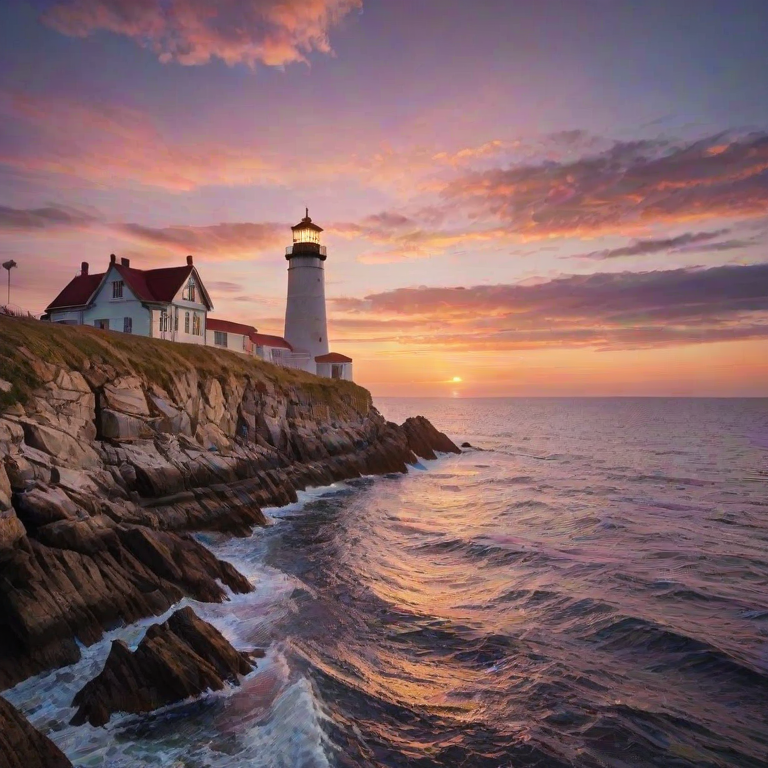 Generate an image of a tall lighthouse perched on a rocky outcrop surrounded by calm ocean waters during a breathtaking sunset. The lighthouse stands sturdy and weathered, its stone surface illuminated by the warm golden light of the setting sun. The sun's rays pass directly through the glass lantern room at the top of the lighthouse, casting a brilliant light across the scene. The sky is painted with vibrant shades of orange, pink, and purple, reflecting off the tranquil sea. The surrounding water shimmers with the same warm hues, creating a serene and majestic atmosphere.