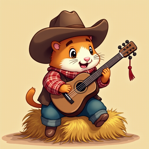 A chibi hamster, dressed as a cowboy, playing guitar, sitting on a hay bale