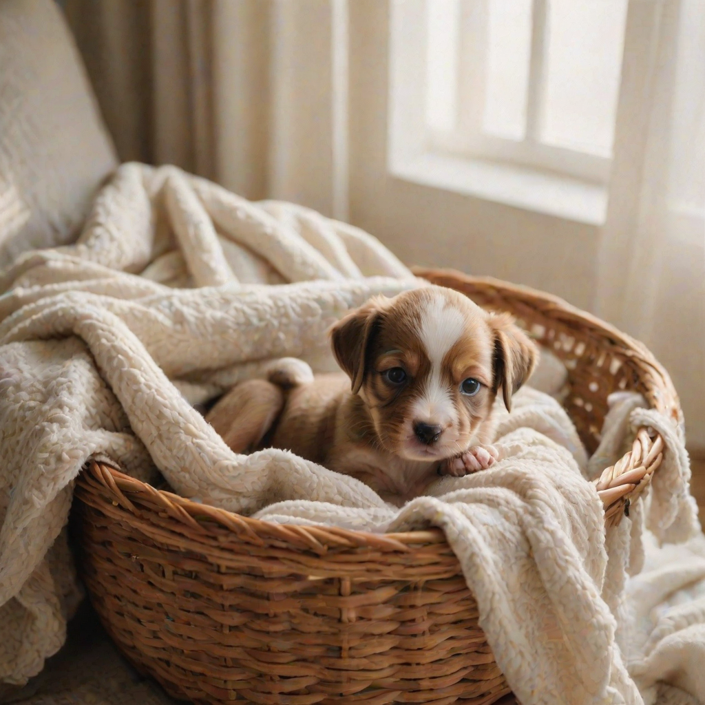 Soft-focus image of a newborn puppy nestled in a basket, surrounded by soft blankets, with soft morning light streaming in through a nearby window and creating a warm, comforting atmosphere.