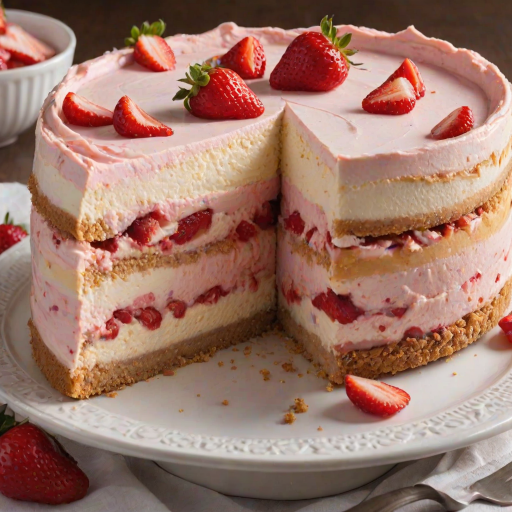 Generate an image of a layered strawberry cheesecake. The cake should have a smooth, creamy texture with distinct pink and white layers. It should be topped with fresh strawberry slices and dollops of whipped cream. The crust should be crumbly and golden, and the cake should be presented on a white plate with a slice cut out to reveal the layers. Include some whole strawberries around the plate for decoration.