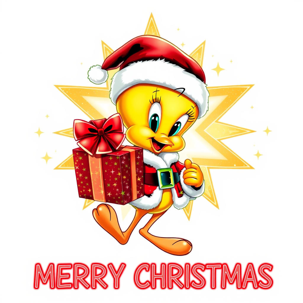 Merry Christmas” cosmic star art tweety bird wearing a Christmas hat and Santa jacket holding gift with a big bow tweety bird is extremely detailed and vibrant behind her is star cosmic design on white background that’s all Christmas colors red green white the words “MERRY CHRISTMAS” is written at the bottom in red electric font outline in black 3000dpi 32k