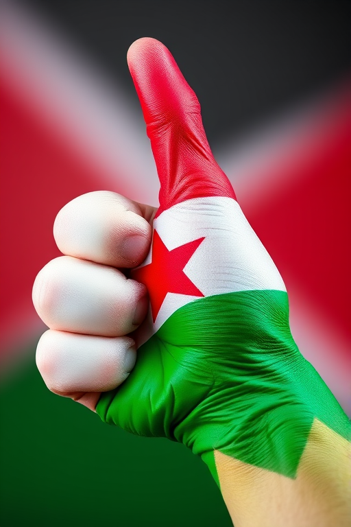 Create an image of a hand with a thumbs up, painted in the colors of the Jordanian flag featuring a red triangle, white stripe, and green base, in high resolution, shot with a Canon EOS R5 at f/8, ISO 100, 1/200s, close-up view, with a soft natural light style.