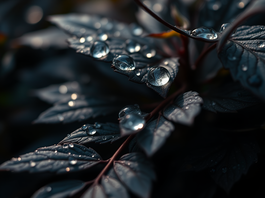 macro shot of dark foliage with water droplets, soft natural lighting, aperture f/2.8, shutter speed 1/125s, ISO 100, 50mm lens, DSLR camera