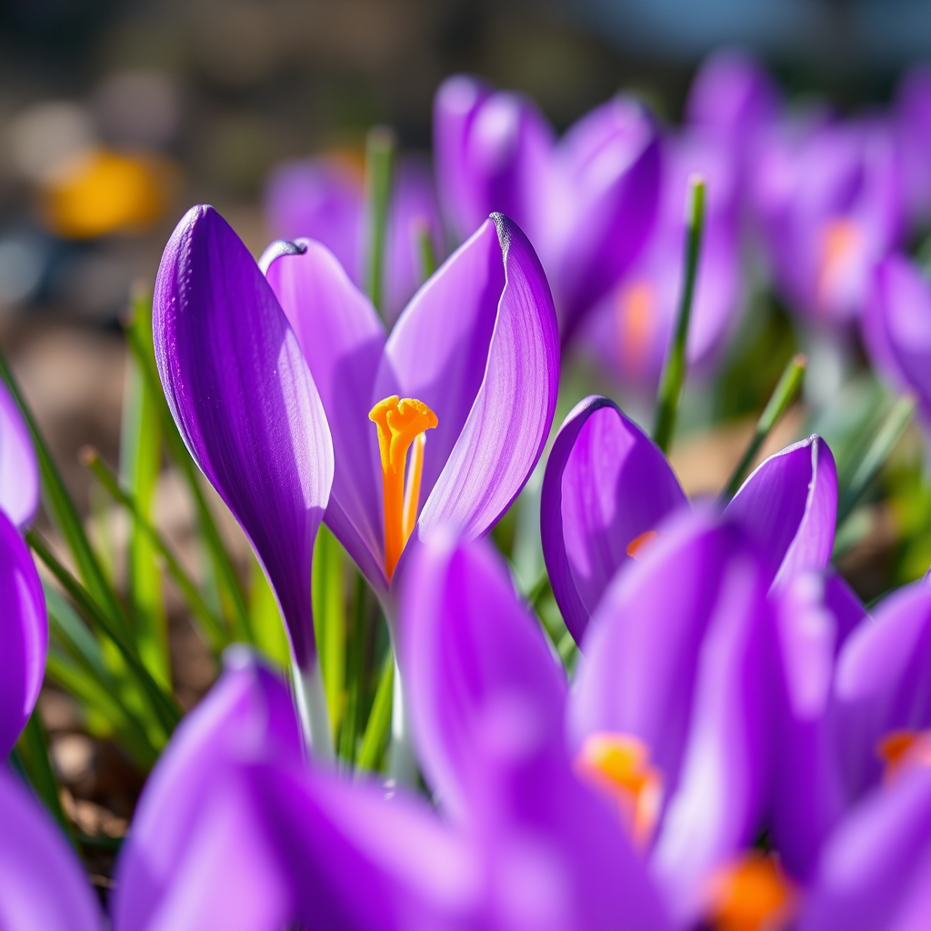 Regenerate an artistic close-up of vibrant purple crocuses with a soft watercolor effect, shooting with a Canon EOS R5 at f/2.8, ISO 200, 1/100s, in natural light from a low angle, using a macro lens.