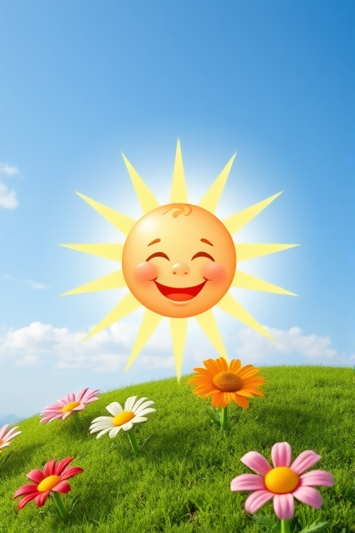 Create an image shows a bright, sun with a smiling baby's face in the center, radiating soft yellow rays. The sun is set against a clear blue sky with a few wispy clouds. Below, there's a lush green grassy hill with colorful, oversized flowers, giving the scene a whimsical, playful atmosphere.