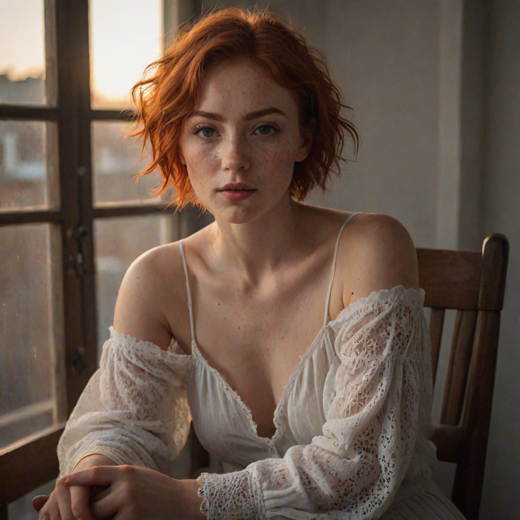 young woman, short messy red hair, light freckles, beautiful face, wearing a loose white cotton lace shirt ,  portrait photo,  posing for a picture in a chair with her hands in her lap, Ayshia Ta k n, parted lips, round cleavage, collarbone, bare shoulders, natural light, a portrait, art nouveau, sunset light through a window, darkly lit, shadows across face